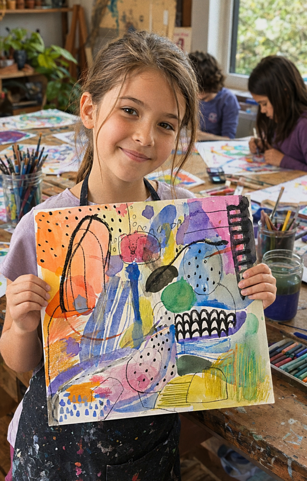 A child holding up a bright, abstract painting, with kids making art at a table behind.