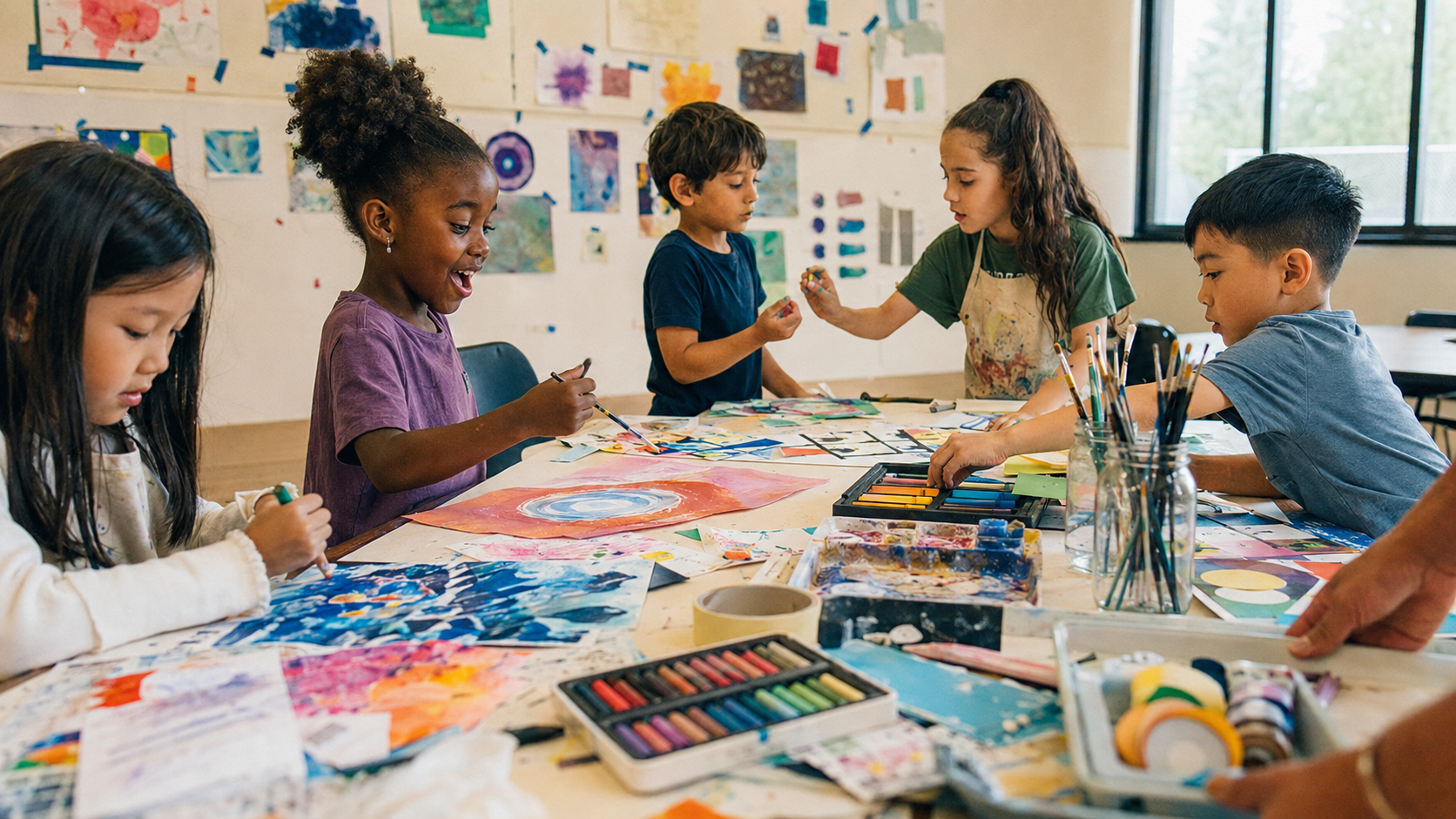 A group of kids painting at a table covered in soft pastels and brushes in an art class.