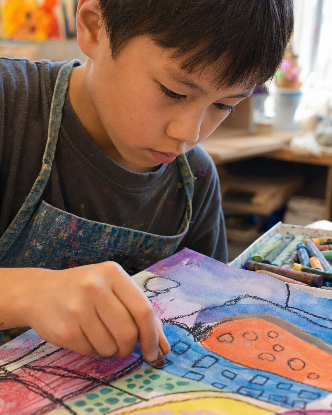 A young boy focused on drawing with crayons at a kids art class.