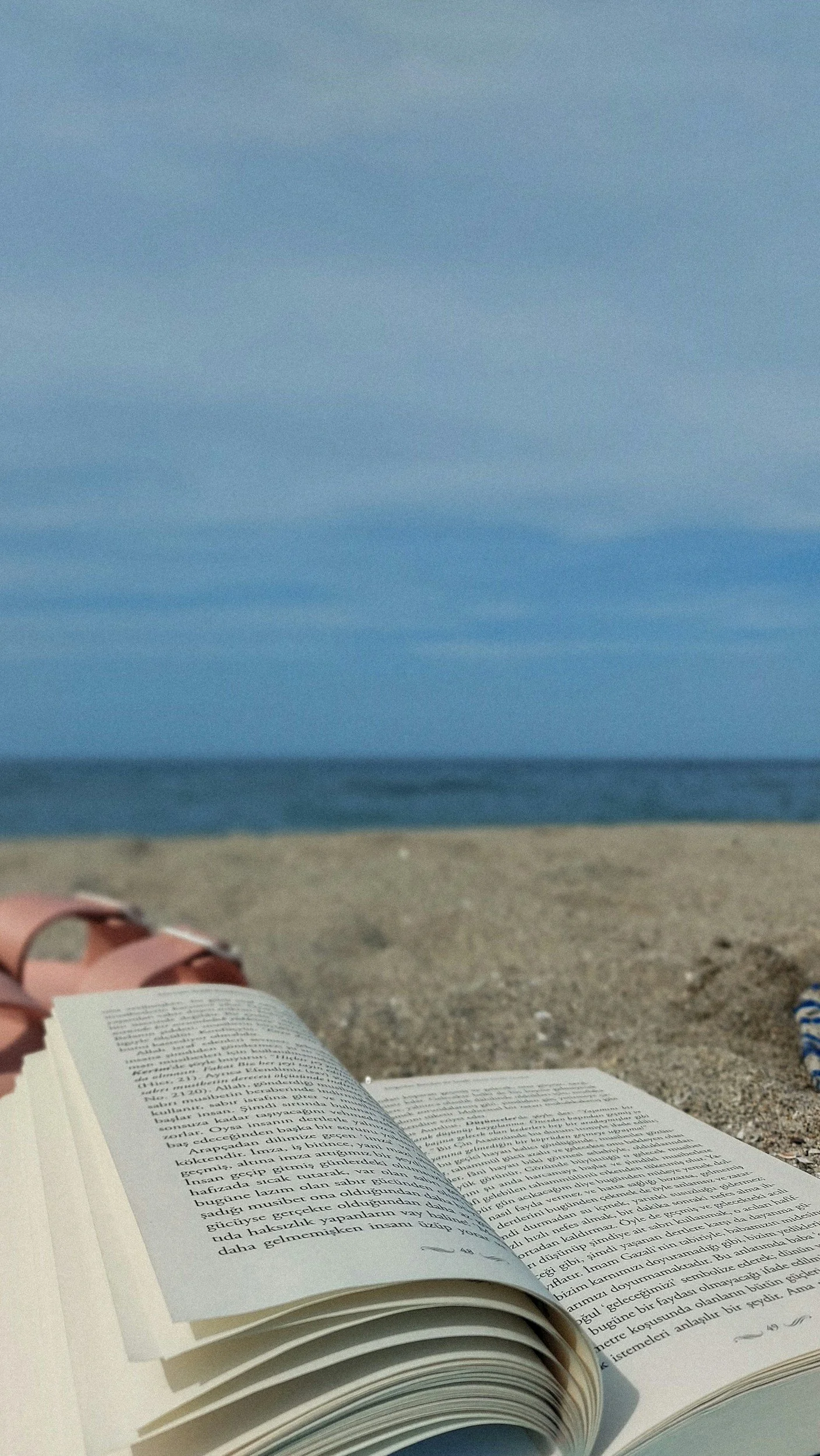 Open book on a beach, with sand, seashells, and the ocean in the background under a blue sky.