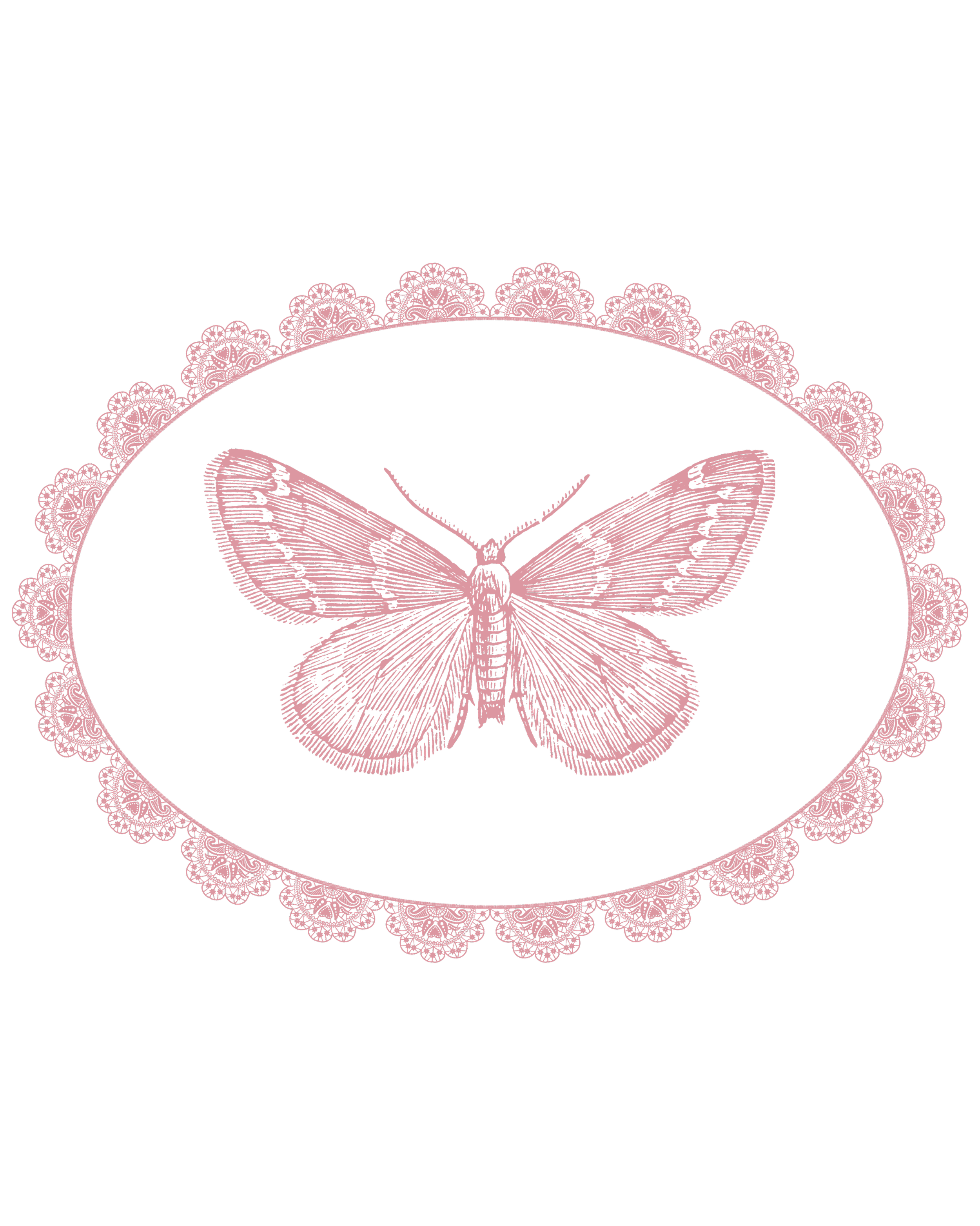 Pink intricate lace border forming a semi-circle pattern around a pink moth illustration on a black background.