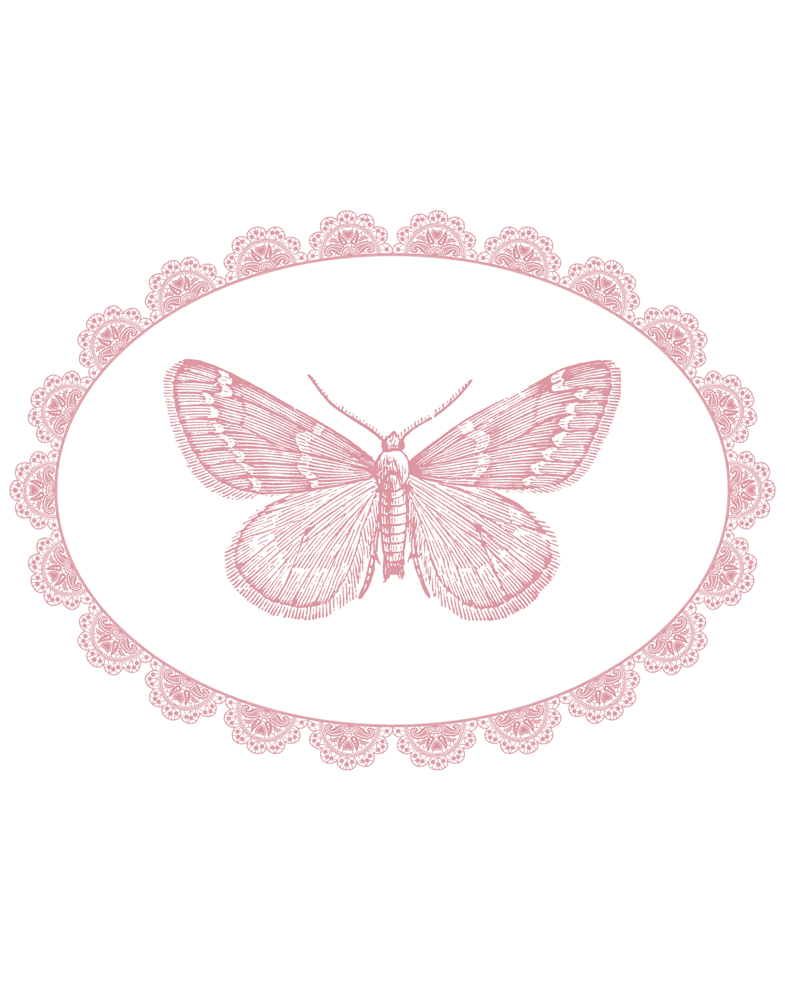 Pink outline of a butterfly at the center of a decorative lace circle on a black background.