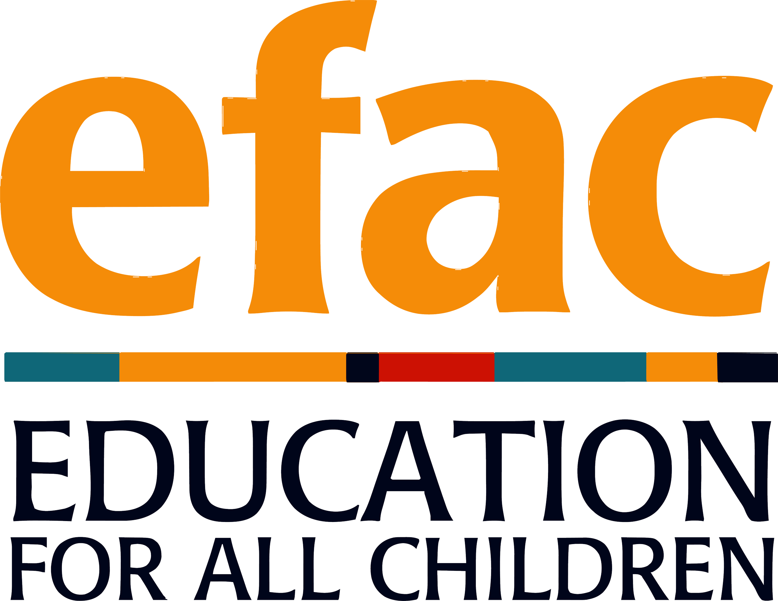Logo with the text 'efm' in large orange letters, a colorful horizontal bar below, and the words 'EDUCATION FOR ALL CHILDREN' underneath.