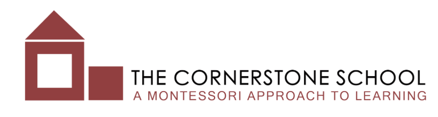 Logo for The Cornerstone School featuring a stylized red house with a square window and the text 'The Cornerstone School' with a tagline 'A Montessori Approach to Learning'.