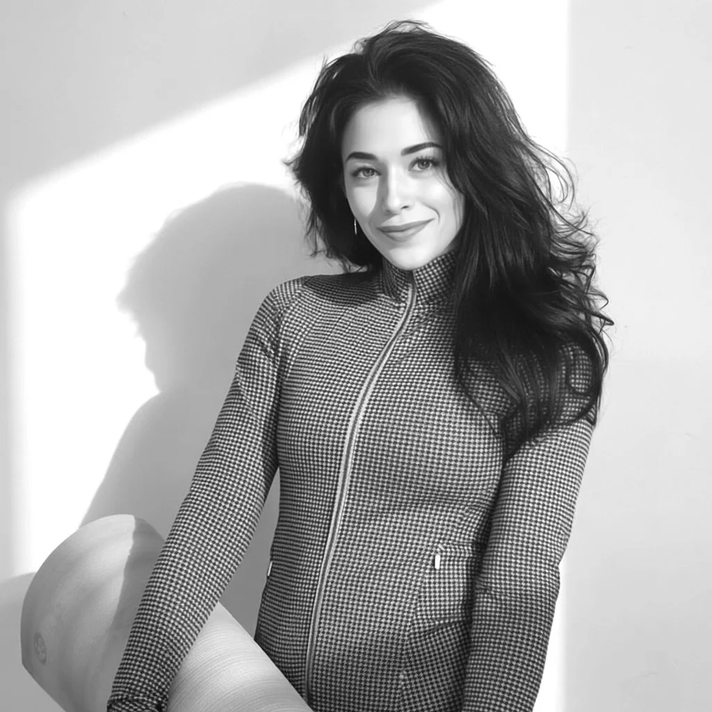 Black and white photo of a woman with dark, wavy hair, smiling and looking at the camera, wearing a zip-up patterned top.