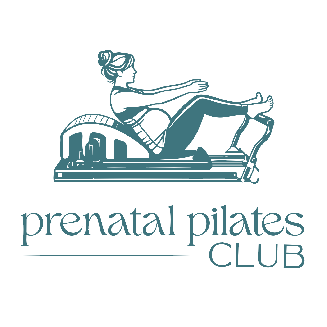 Logo of Prenatal Pilates Club featuring an illustration of a pregnant woman performing a Pilates exercise on a reformer machine.