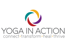 Logo of Yoga in Action with colorful circular design and the words 'connect - transform - heal - thrive'