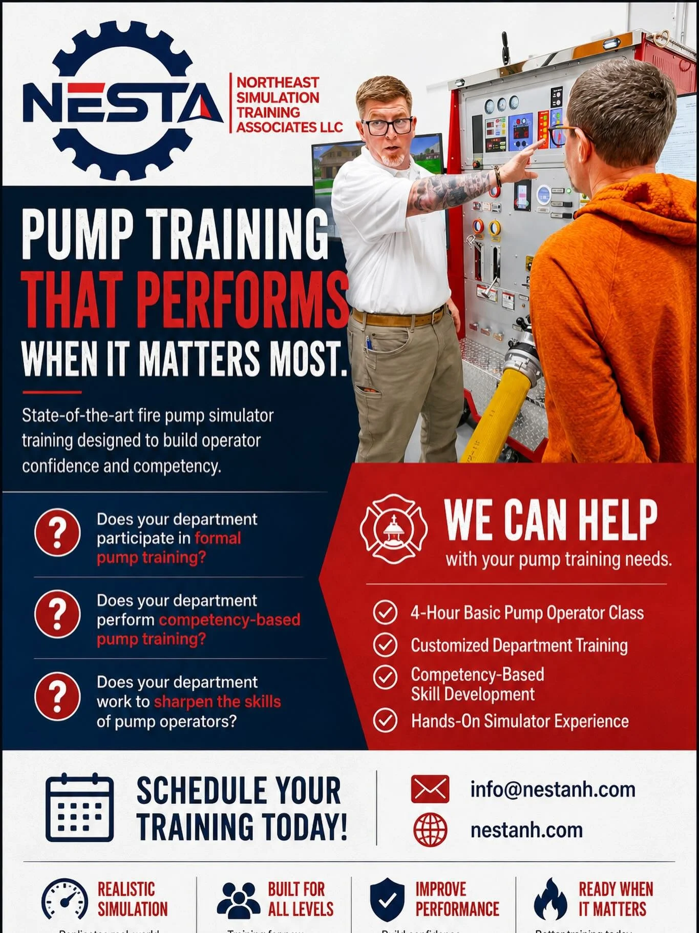 Pump Training That Performs When It Matters Most

Did you know your department can host a NESTA Pump Operator class and invite mutual aid partners to train together? Strengthen skills, build consistency, and improve coordination across your response 