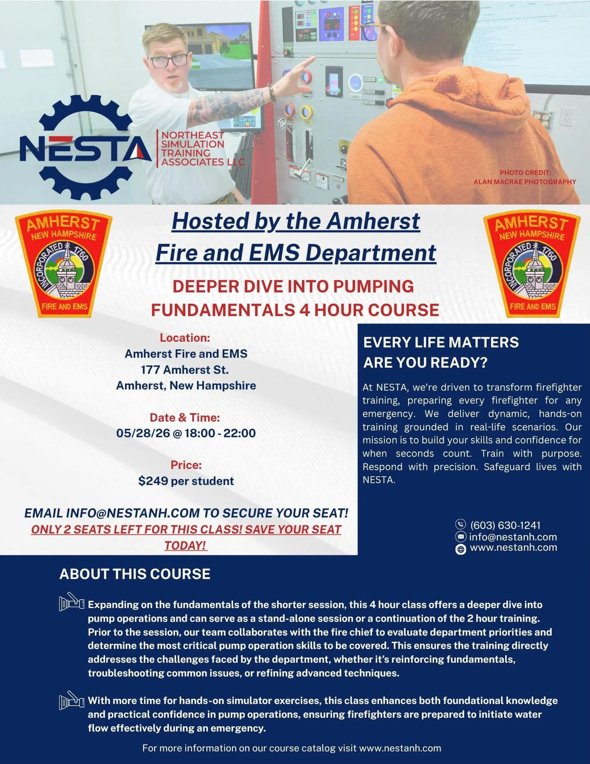 🚨UPDATE!!! ONLY 1 SEAT LEFT!! 🚨

Join us for our upcoming &ldquo;Deeper Dive Into Pumping Fundamentals&rdquo; course hosted by Amherst Fire and EMS at their station.

This 4-hour hands-on class is designed to strengthen pump operation skills, build