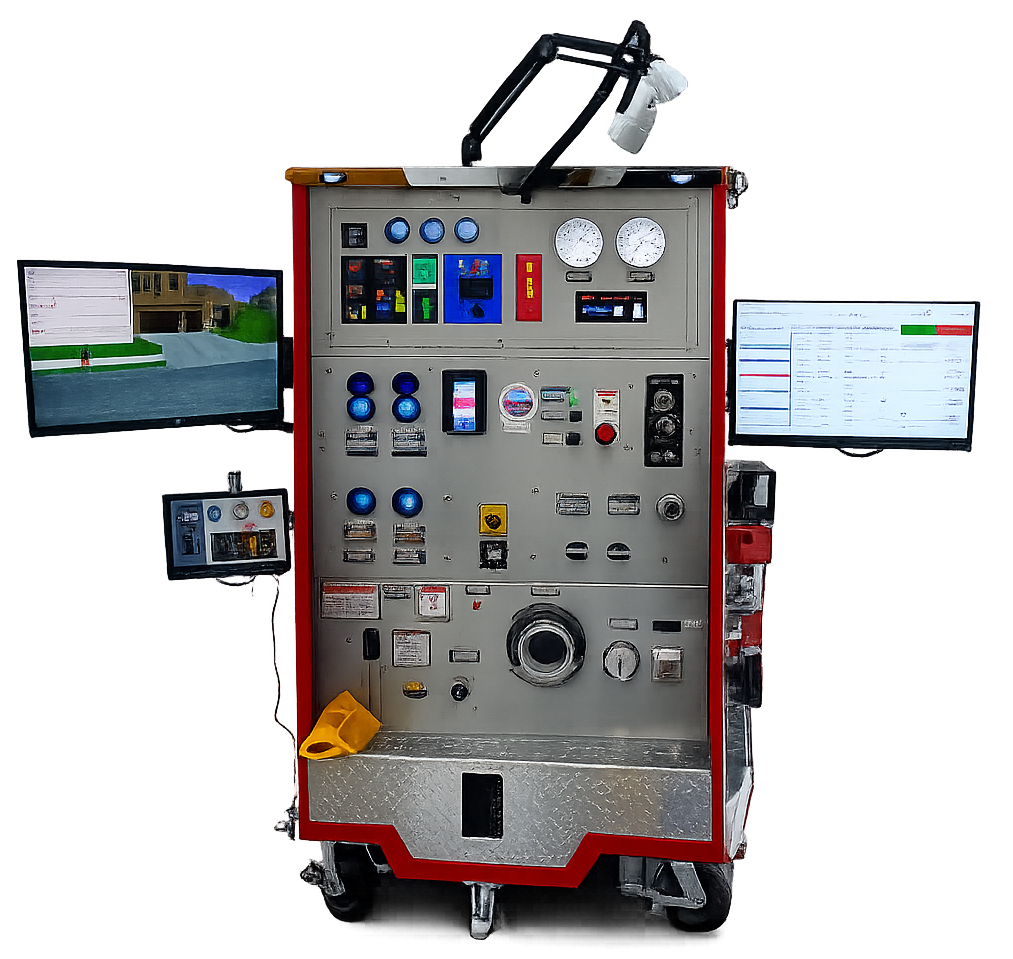 Fire truck control panel with various gauges, switches, and monitors, mounted on a mobile cart.