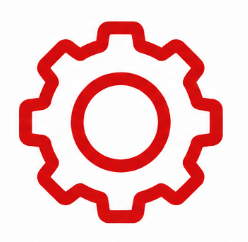 Red gear icon with an inner circle, representing settings or machinery.