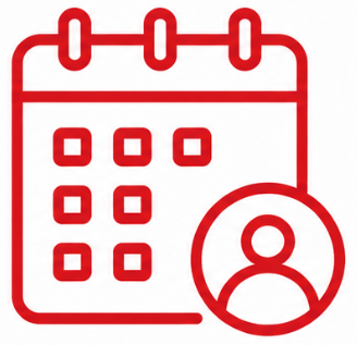 Icon of a calendar with a user profile symbol in the bottom right corner, all in red.