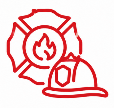 Fire department emblem with a firefighter helmet in front of a Maltese cross background