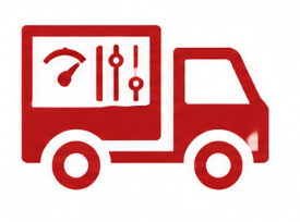 Red food truck with icons of a plate, utensils, and a thermometer on the side.
