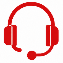 Red headset with microphone on a white background.