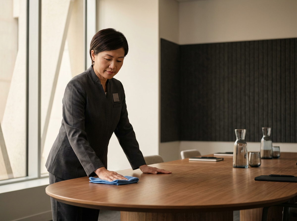 A woman in a gray business suit cleaning a wooden conference table with a blue cloth in a modern office conference room.