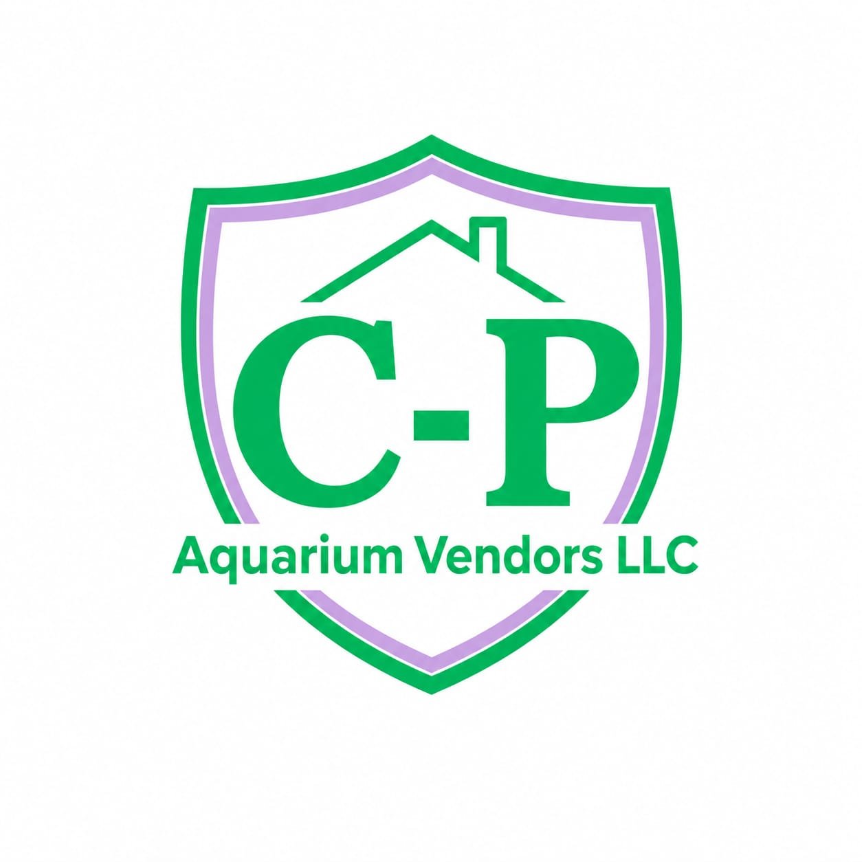 Logo for Aquarium Vendors LLC featuring a shield outline with a house and water plant inside, with the initials C-P and the company name below.
