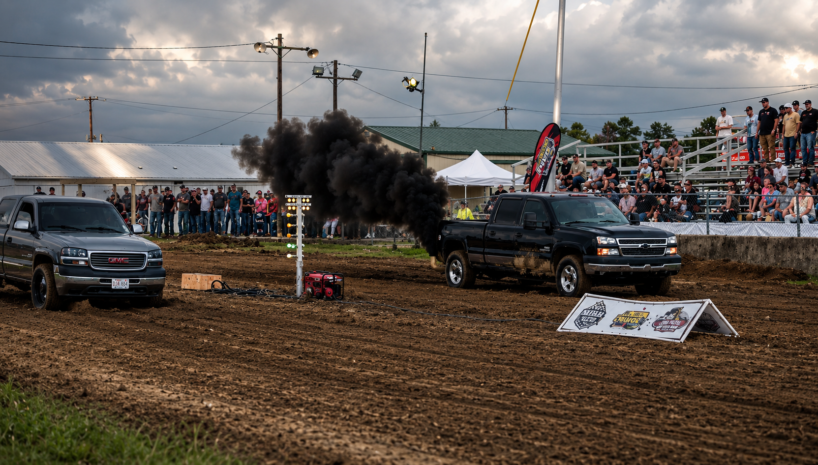 A black pickup truck is at a drag racing event, emitting thick black smoke from its exhaust. There is a crowd of spectators sitting on bleachers and standing behind a fence in the background, watching the event. The area has dirt ground, and there are safety banners and equipment nearby.