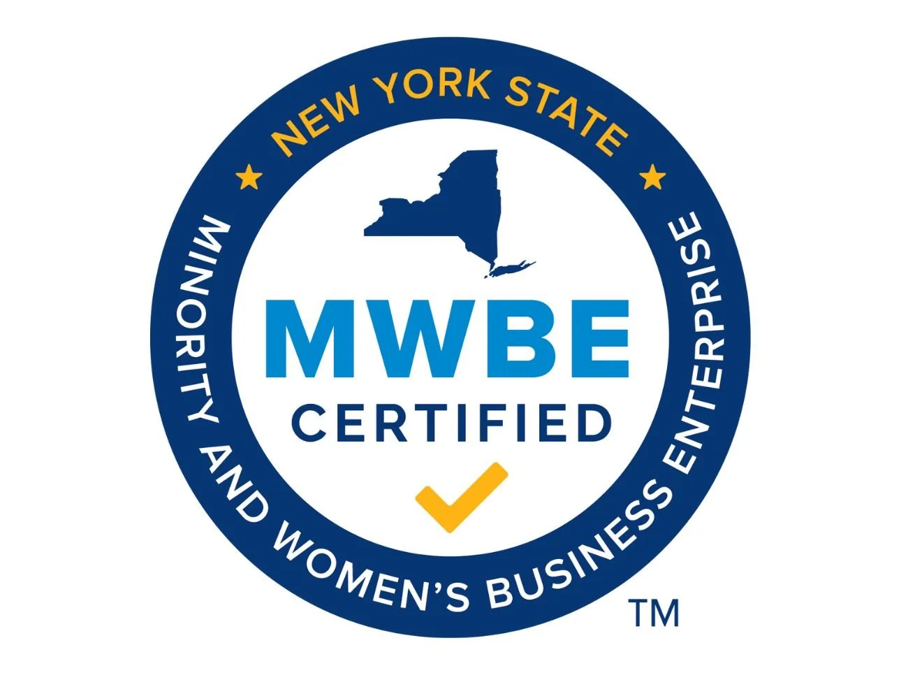 A circular logo with a blue border that reads 'New York State Minority and Women's Business Enterprise Certification'. Inside, a graphic of the state of New York in blue with a swoosh beneath it. The center displays 'MWBE Certified' in blue text with a yellow check mark below.