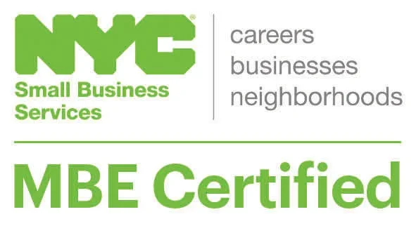 NYC Small Business Services logo with text 'careers, businesses, neighborhoods' and 'MBE Certified' in green and gray colors.