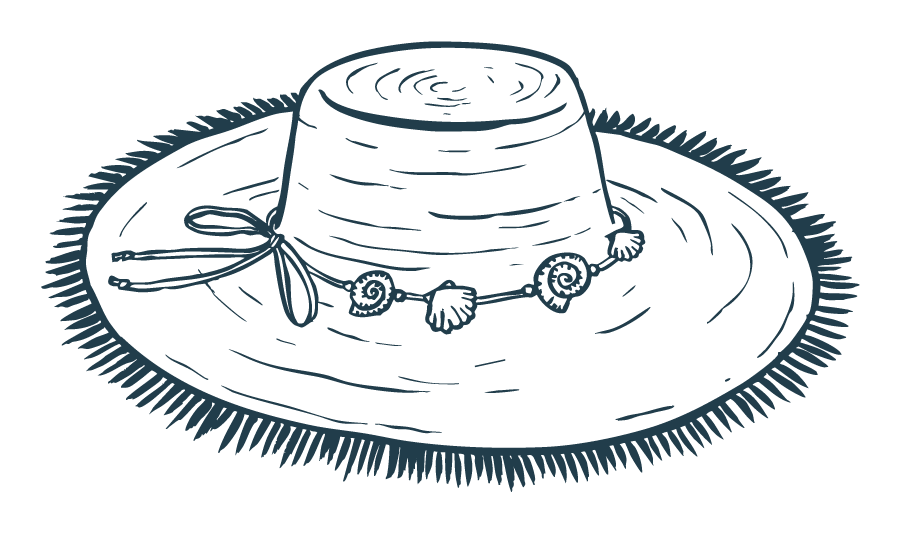 Drawing of a wide-brimmed straw hat with floral decorations around the band.