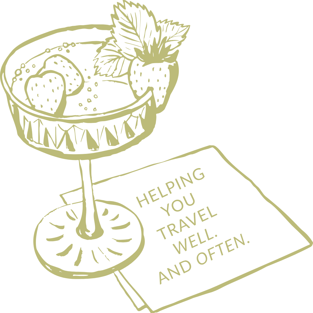 Line art illustration of a cocktail glass with strawberries and mint leaves, and a sign that reads 'Helping you travel well. And often.'.