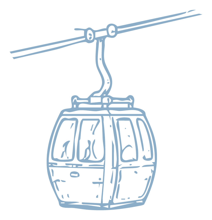 Line drawing of a cable car or gondola lifted by cables against a black background.