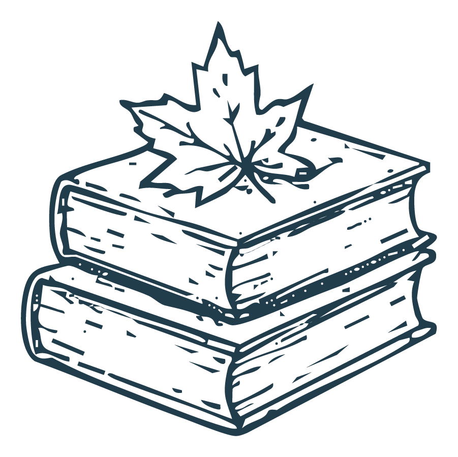 Illustration of two stacked books with a maple leaf on top, in a simple line drawing style.