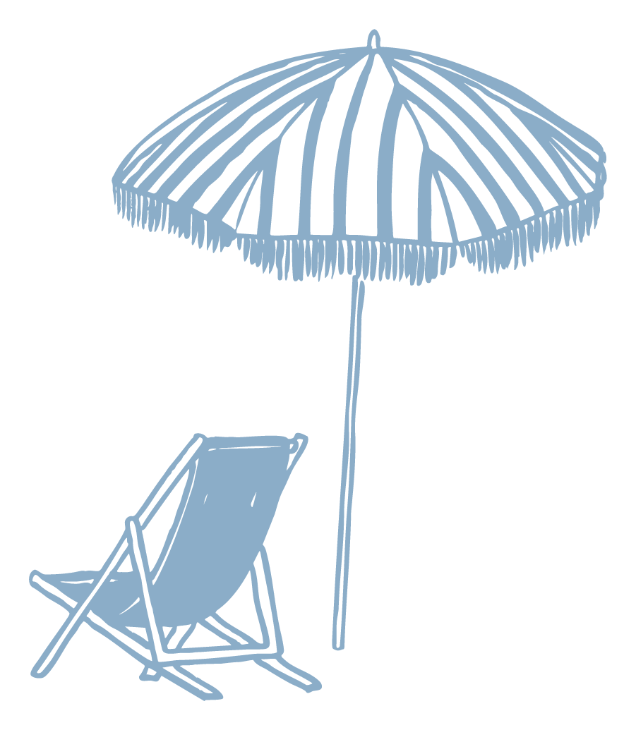 Line drawing of a beach scene with an umbrella and a lounge chair, both in blue on a black background.