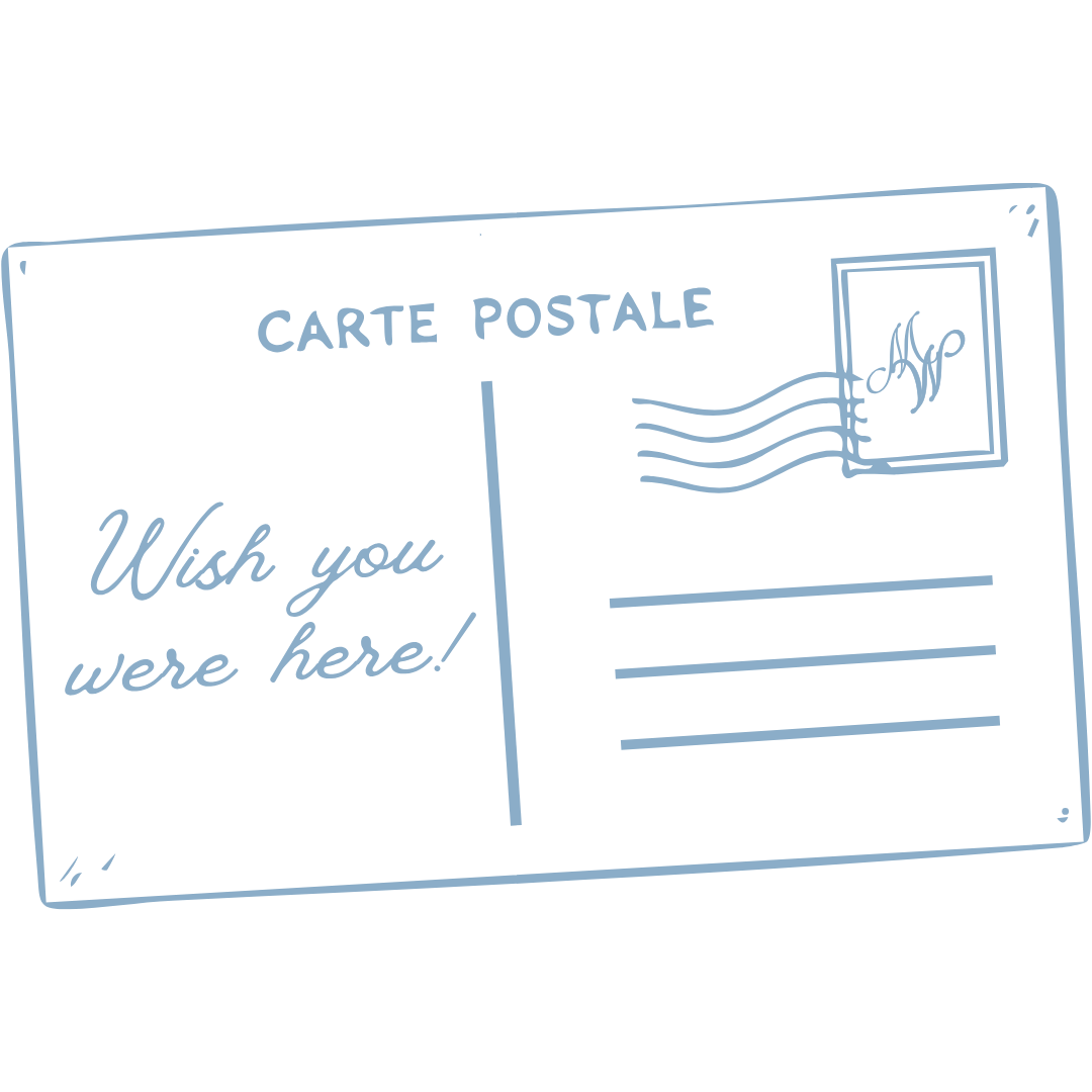 Light blue illustration of a postcard with the words 'Wish you were here!' on the left side, a space for a stamp in the top right corner, and lines for the recipient's address on the right side.