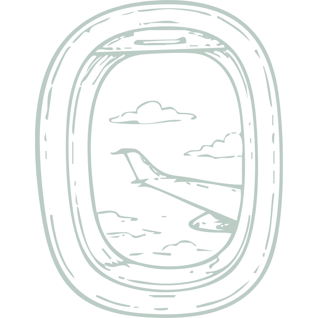 Outline sketch of an airplane window view showing clouds and the ocean.