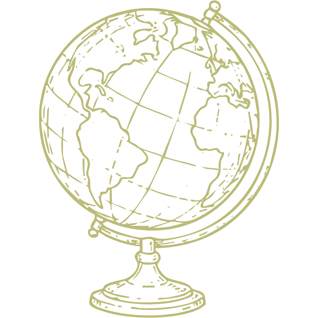 A line drawing of a globe showing continents, with a stand and a circular frame around it.