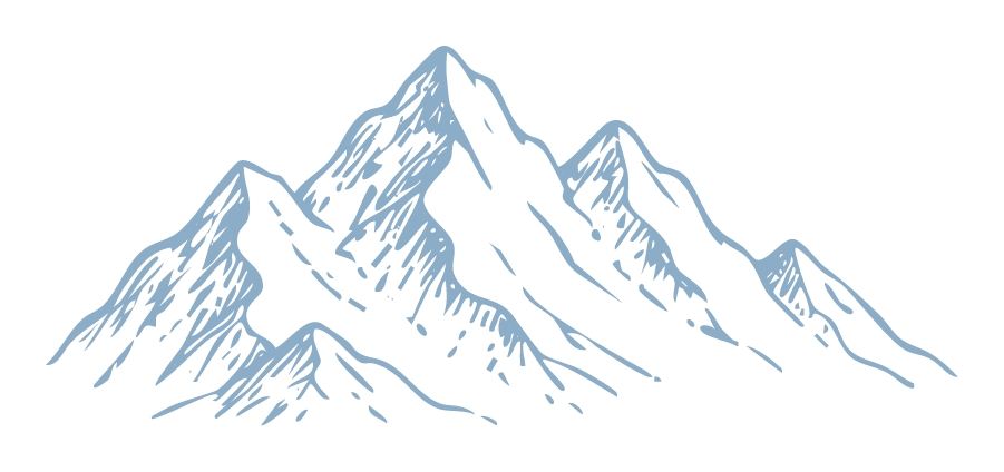 Line drawing of mountain peaks with snow-capped summits.