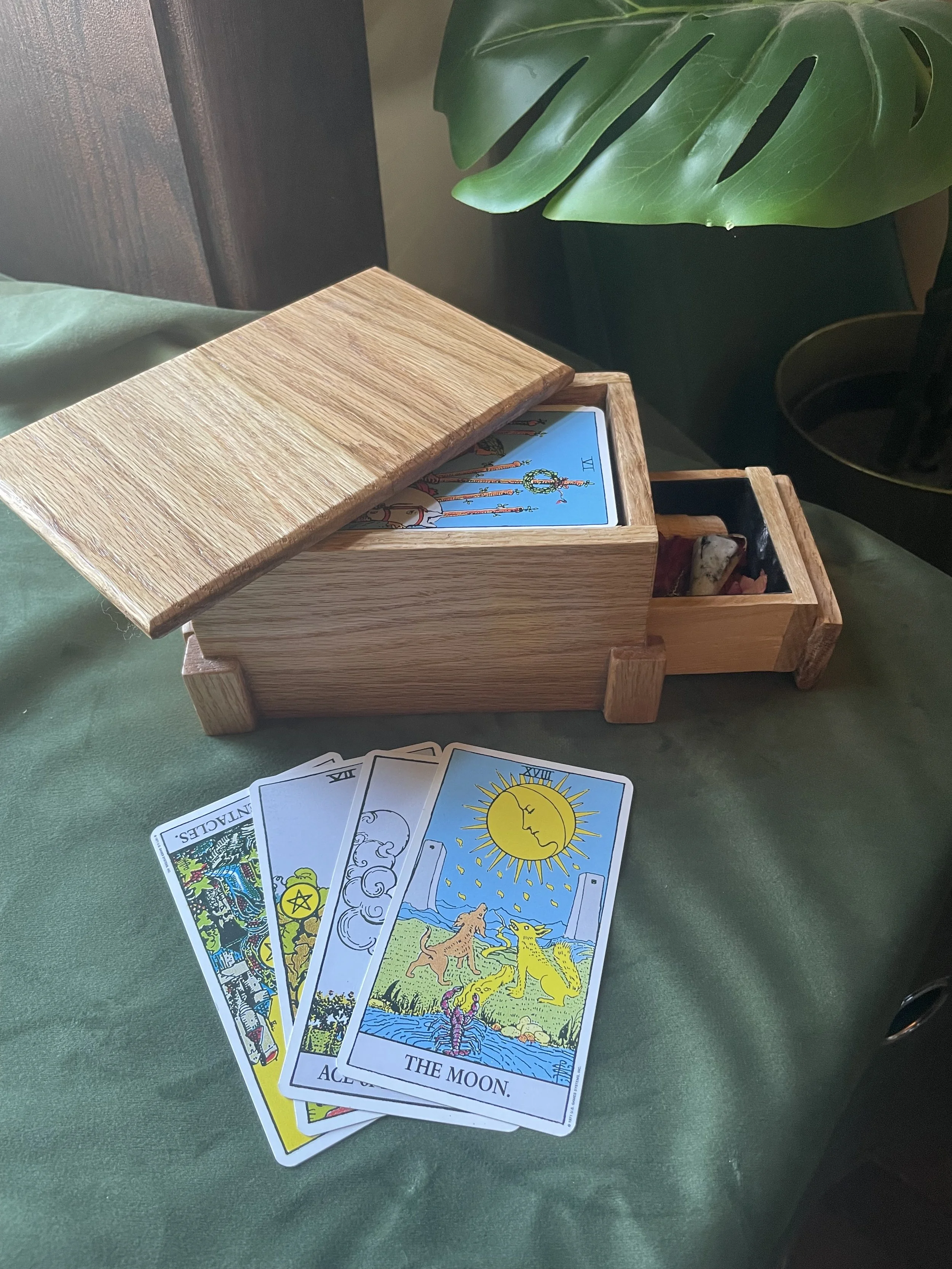 Four tarot cards fanned out on a green surface, with a wooden box and a large green leaf in the background.