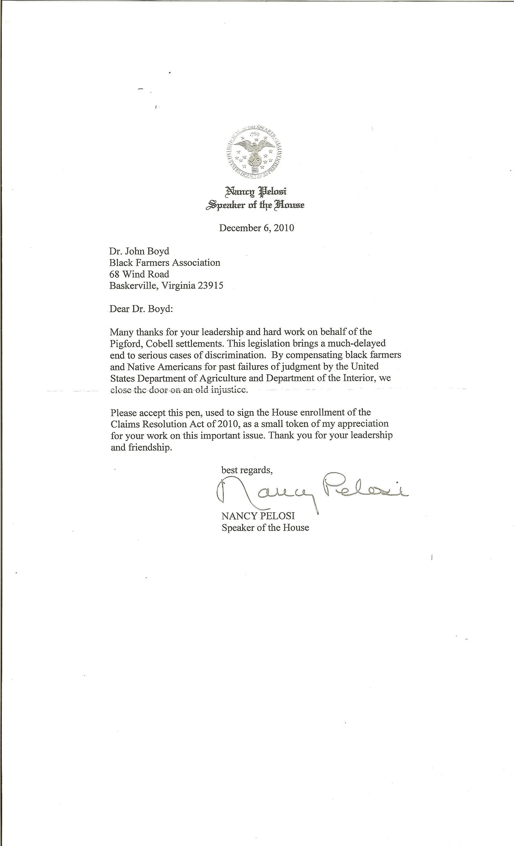 Letter from Nancy Pelosi, Speaker of the House, dated December 6, 2010, addressed to Dr. John Boyd of the Black Farmers Association in Baskerville, Virginia, with signature and official seal.