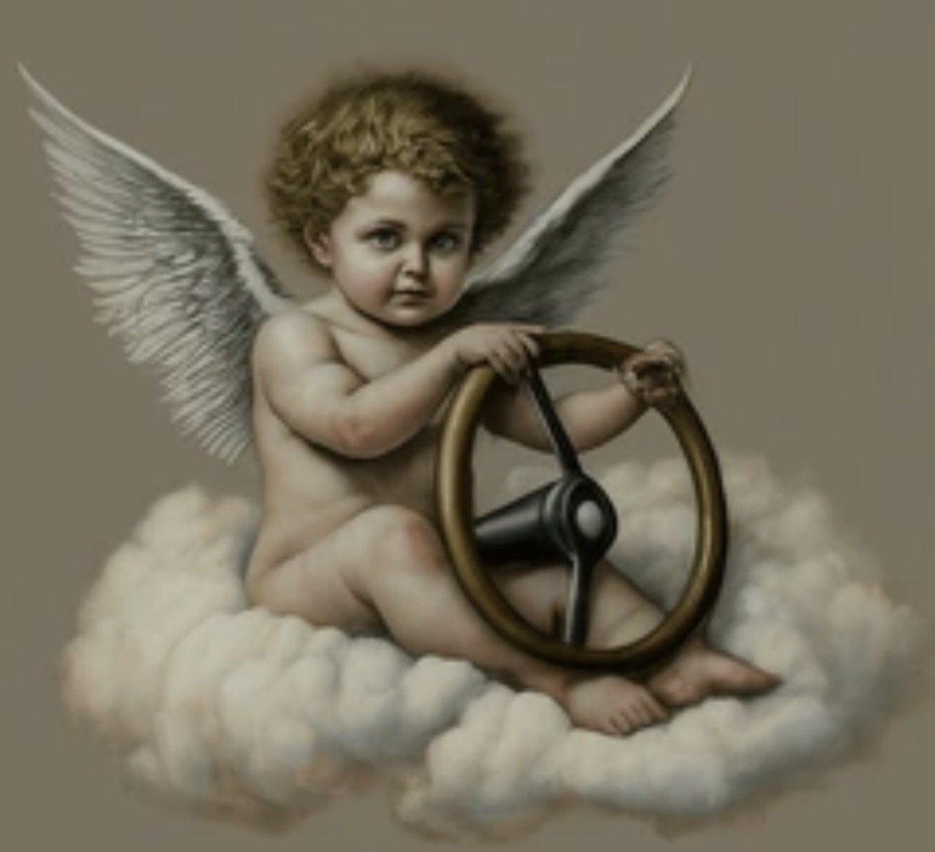 A digital painting of a cherubic baby with wings, sitting on a cloud, holding a steering wheel.