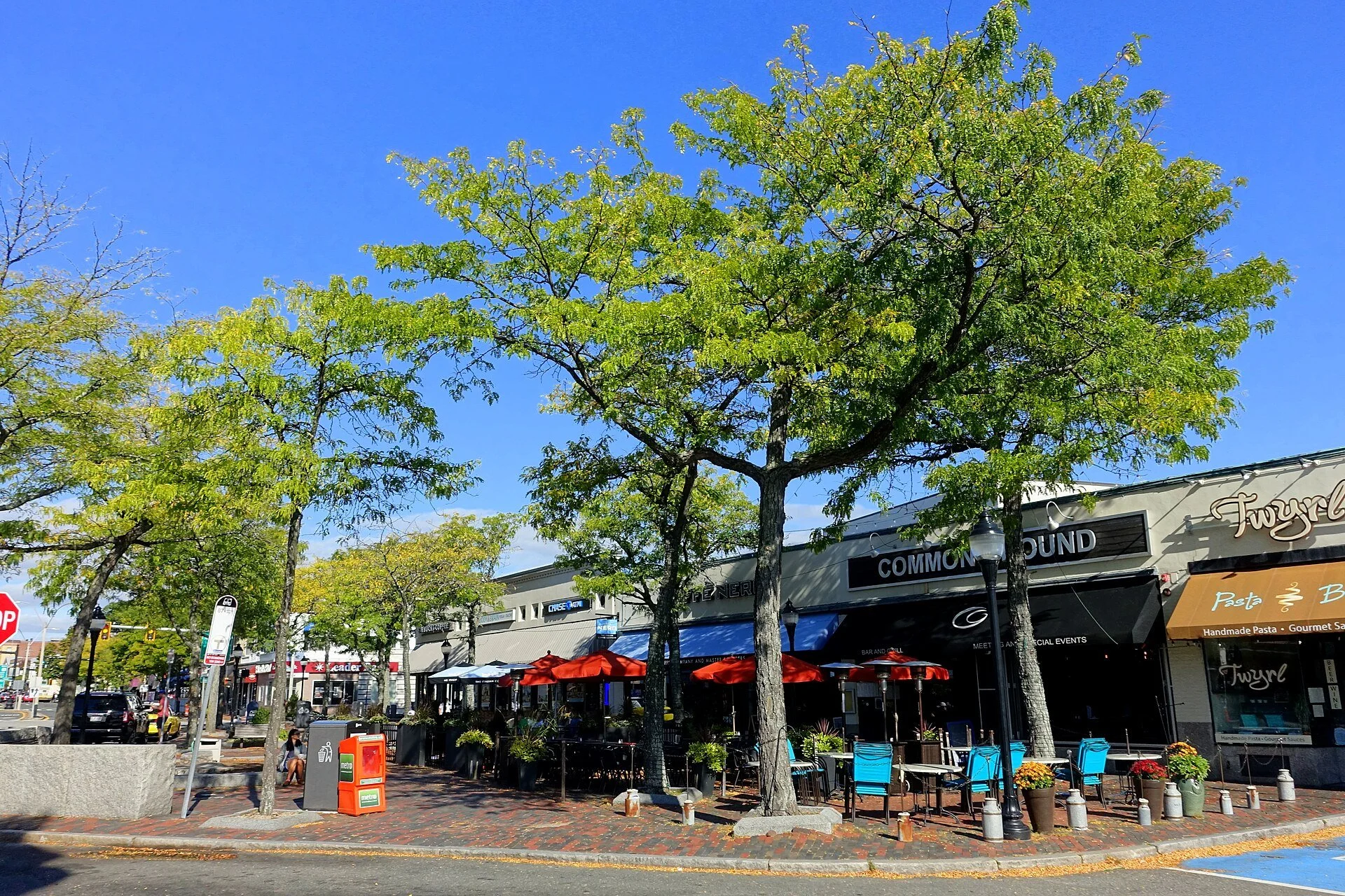 Outdoor shopping and dining area with trees, tables, umbrellas, and storefronts, under a clear blue sky.