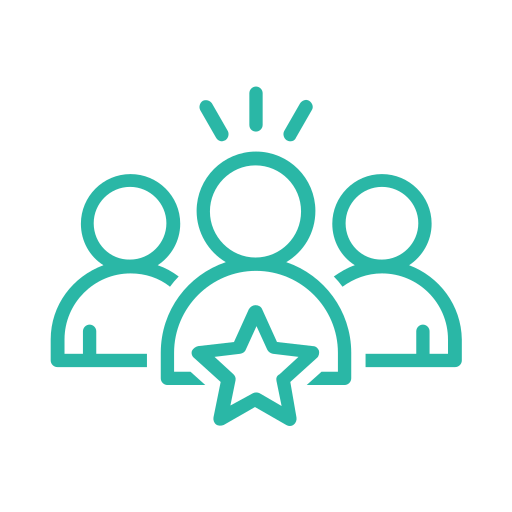Icon of three people with a star badge and rays above the central figure's head, representing recognition or achievement.