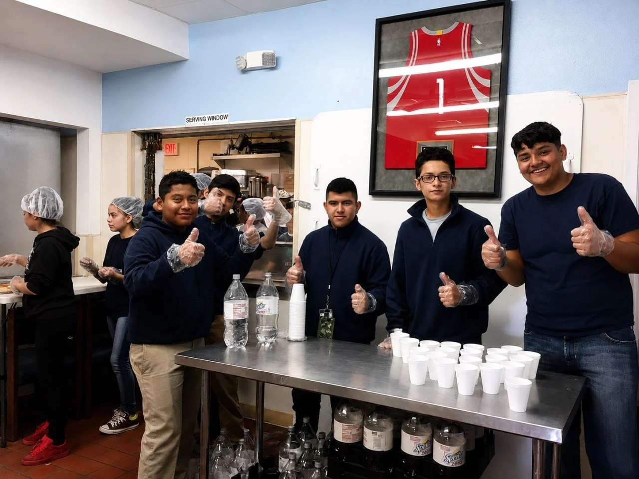 Group of young volunteers in a kitchen, giving thumbs up, standing behind a table with water bottles and cups, with people in hairnets working in the background.