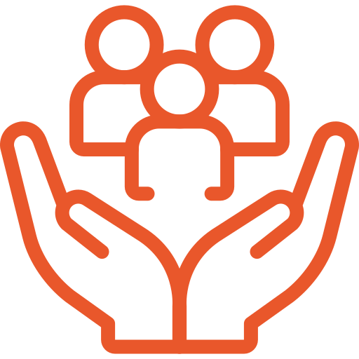 Icon of two hands holding three people figures.