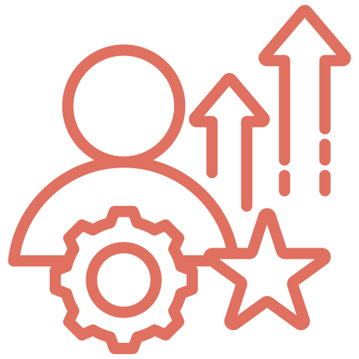 Icon of a person with a gear, upward arrows, and a star indicating growth and achievement.