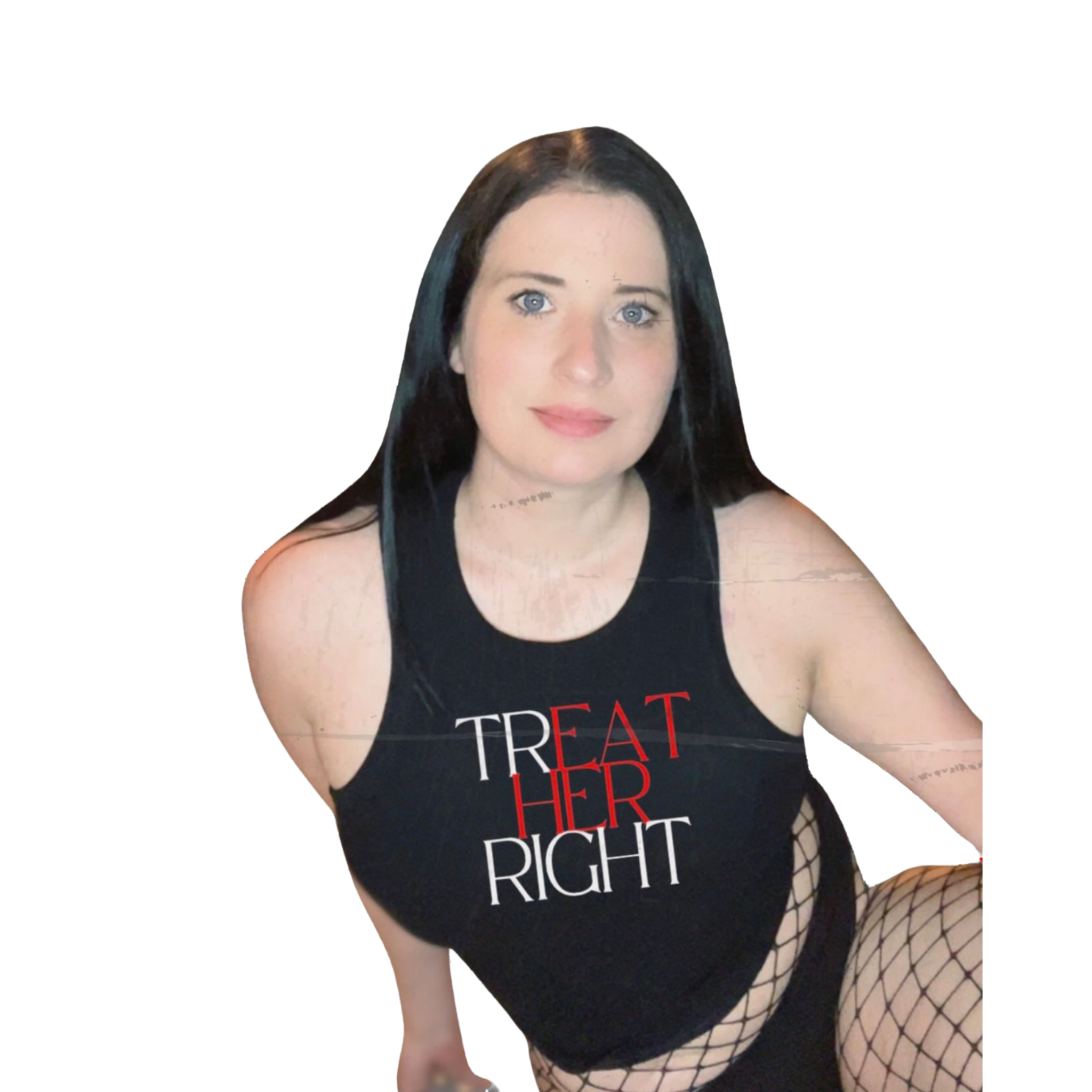 Close-up of a woman with dark hair, wearing fishnet stockings and a black tank top with text, appearing to be in a suggestive pose.
