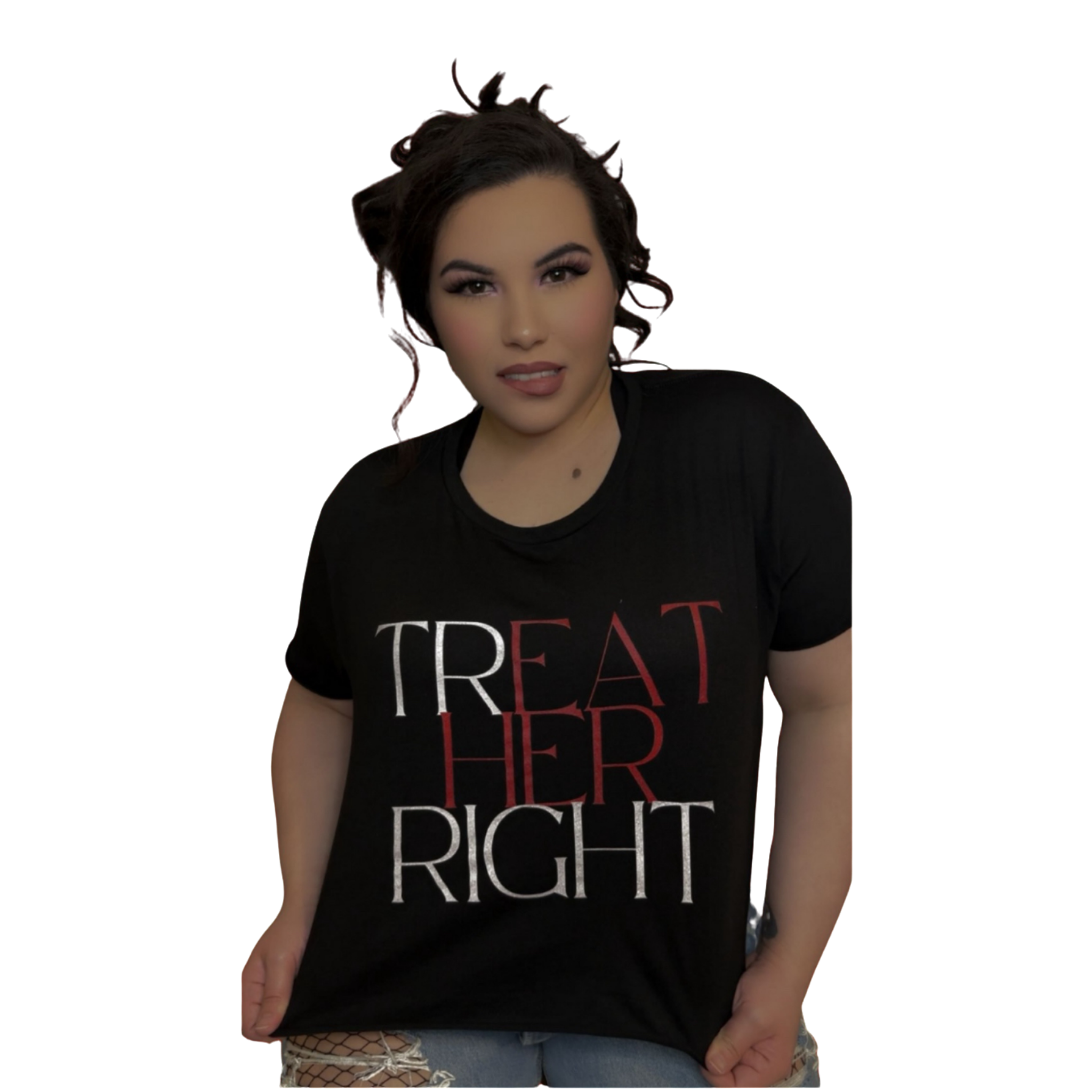 A woman with dark hair wearing a black shirt with red and white text, and fishnet stockings, standing against a black background.