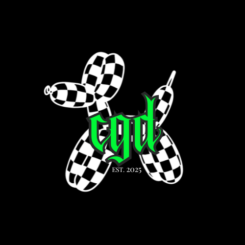 A black background with a checkered balloon dog graphic, green stylized text, and 'EST. 2025' written underneath.