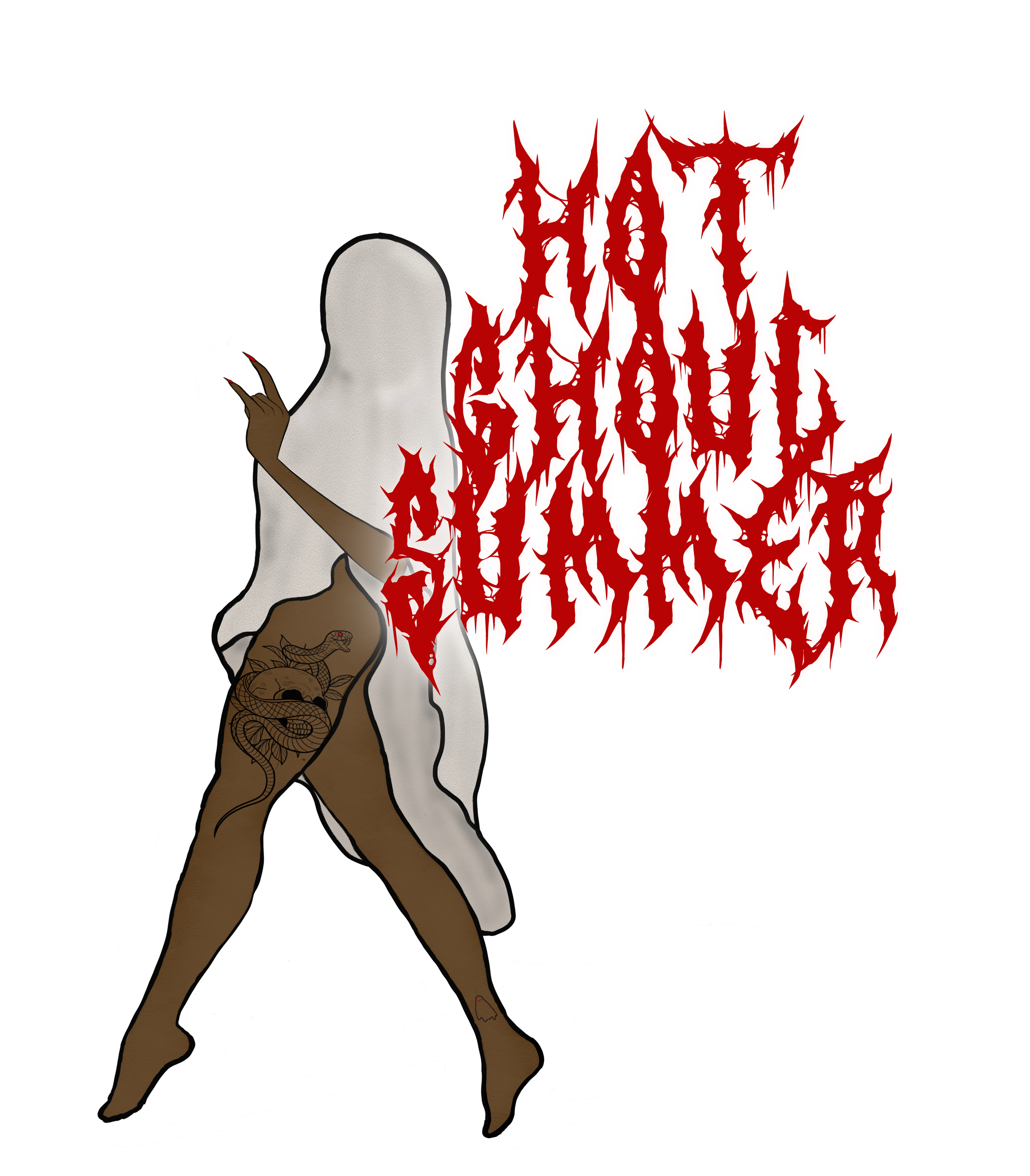 A stylized illustration of a person wearing a sheet like a ghost, with a snake tattoo on the arm and giving a peace sign, with red text on the face area that says "Hot Ghoul Summer".