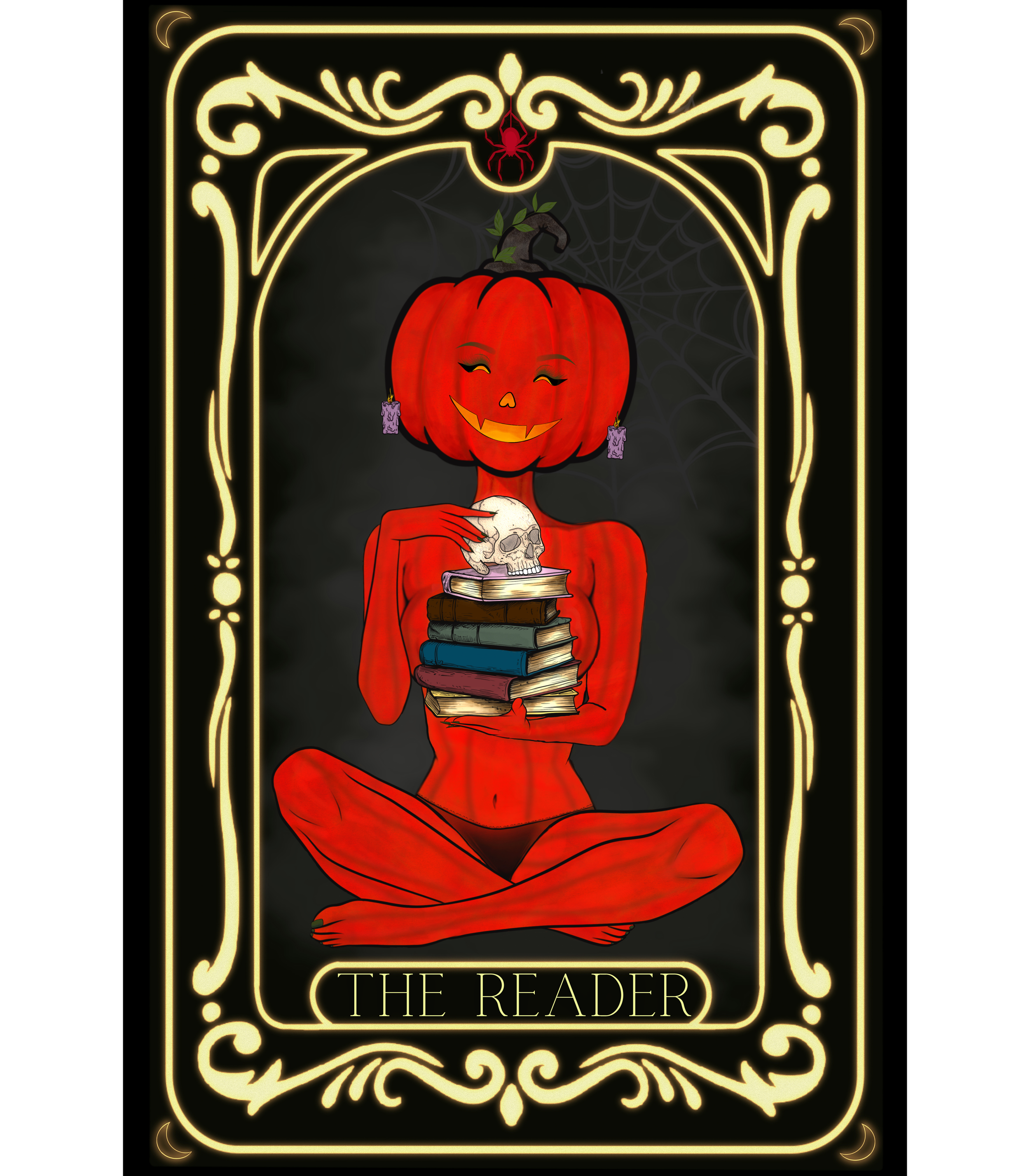 A Halloween-themed illustration titled "The Reader" features a character with a pumpkin head and a human body, sitting cross-legged and holding a skull. The character has two purple candles hanging from their ears, and two spider webs are visible behind. The scene is framed with glowing decorative borders, and a small red spider hangs from the top center.