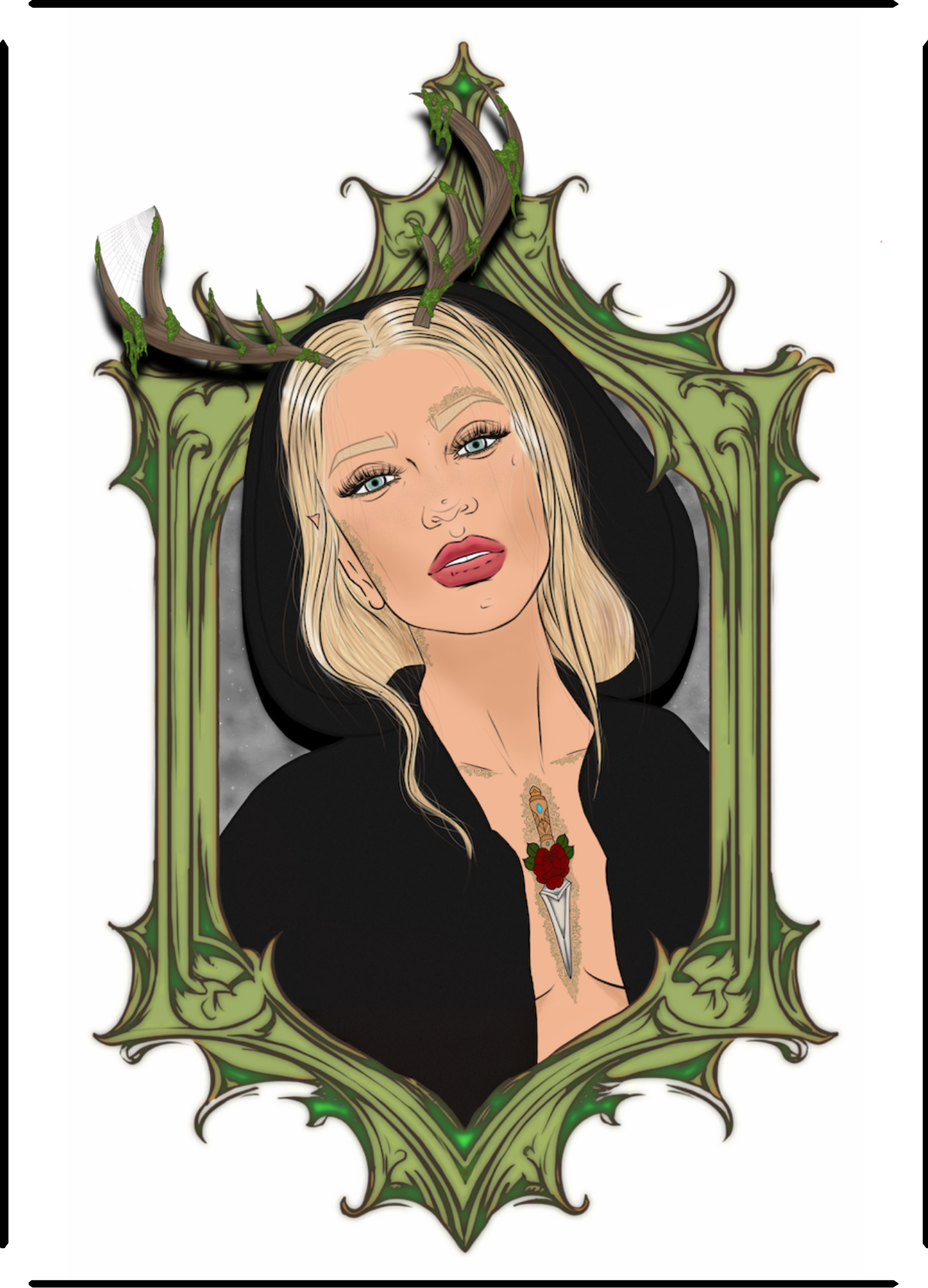 A digital illustration of a woman with blonde hair and blue eyes, wearing a black hooded, with a gothic-royal style green ornate frame around her. She has a tattoo of a dagger and red rose on her chest, and antler horns.
