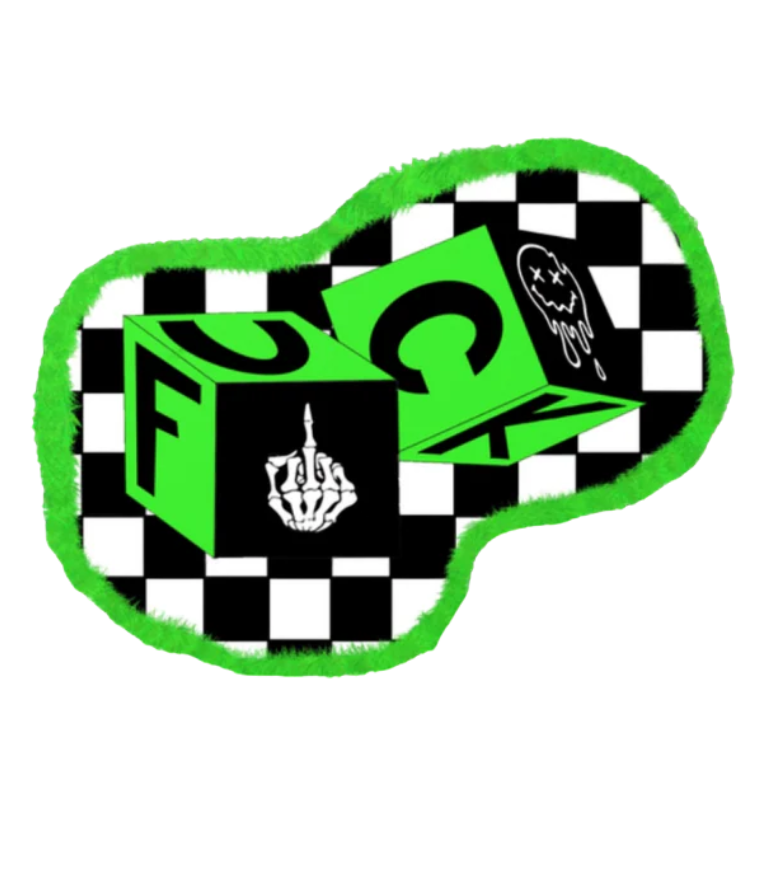 A sticker design with a black background, a green outline, a checkered pattern, two dice mid roll, that spell out "FUCK" on the visible sides, as well as a skeleton hand giving the middle finger, and a drippy trippy smily face,