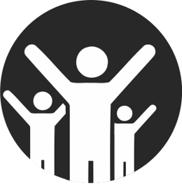 Three stylized human figures with arms raised inside a black circular background