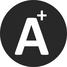 A black circular icon with a large white letter 'A' and a small white plus sign in the upper right corner.